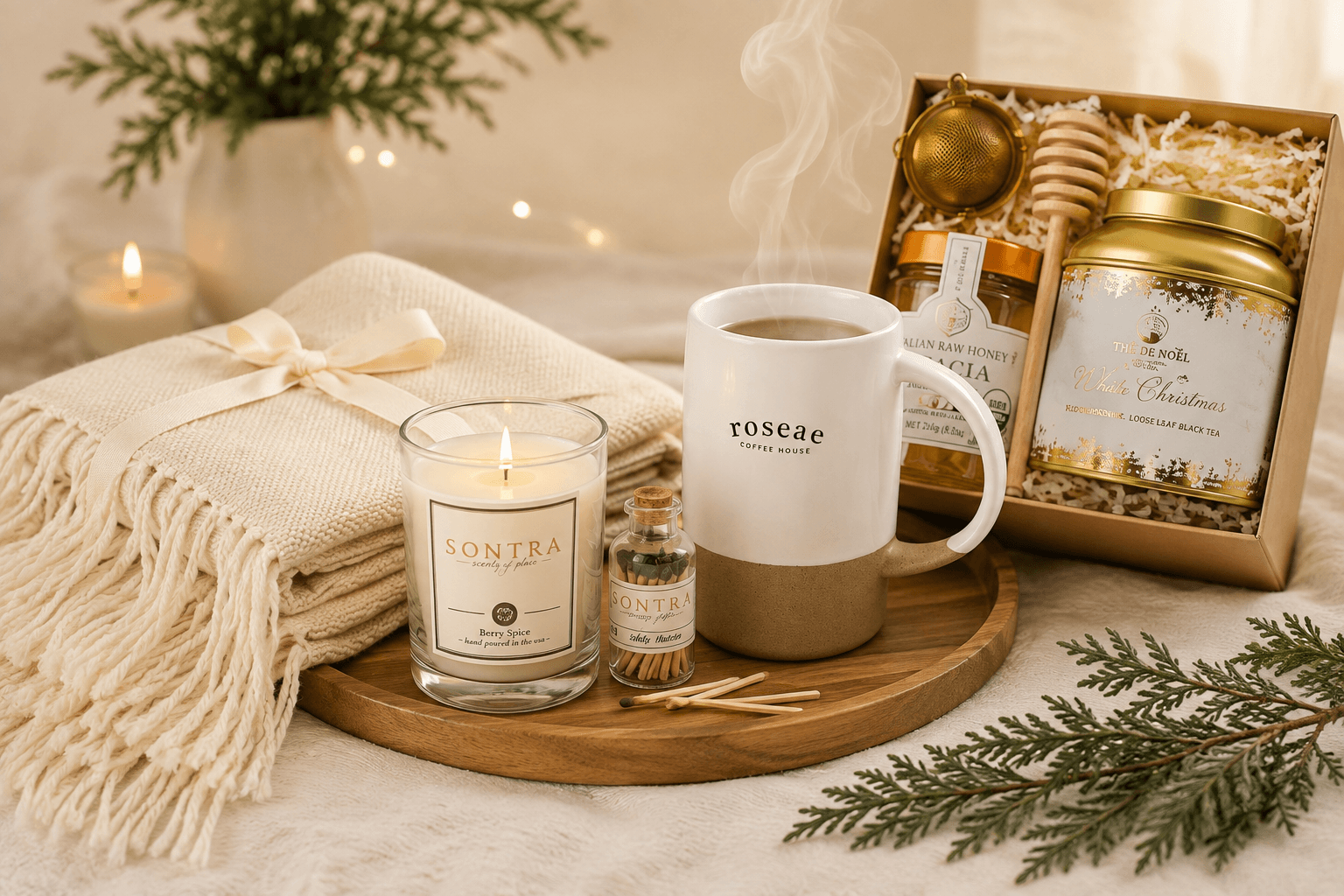A Morning to Themselves gift set with candle, coffee mug, loose leaf tea, raw honey, and a knit throw blanket