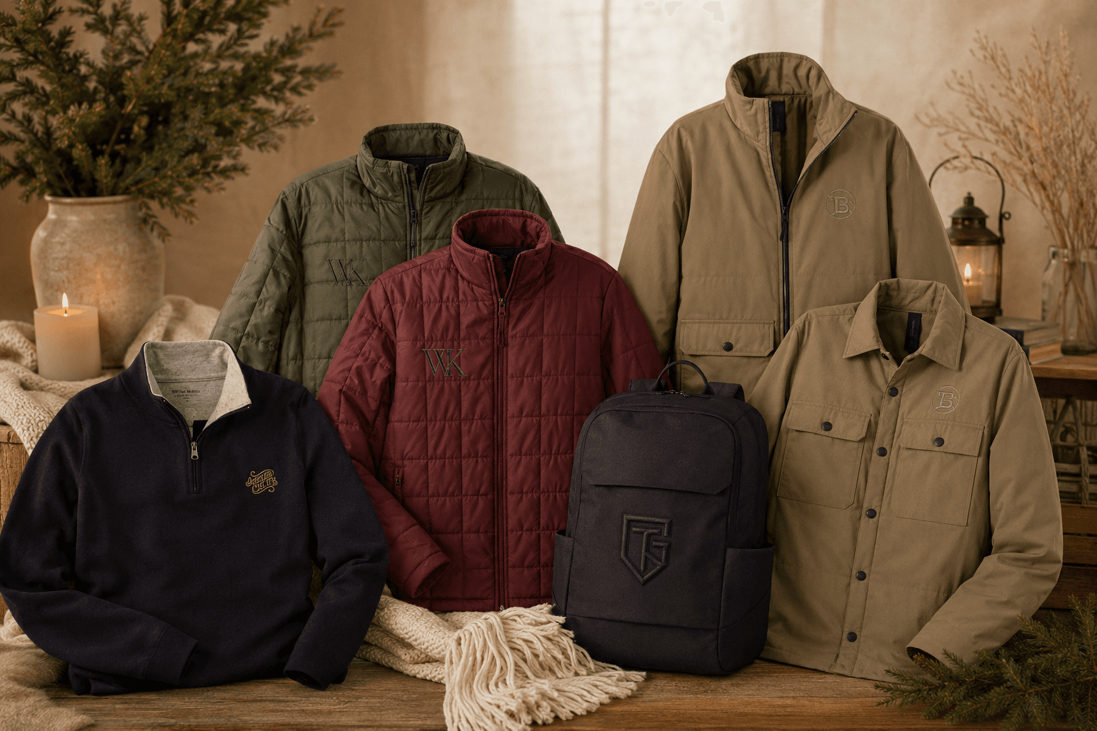 Dress the Part branded apparel gifts including quilted jackets, a quarter-zip pullover, a shirt jacket, and a logo backpack