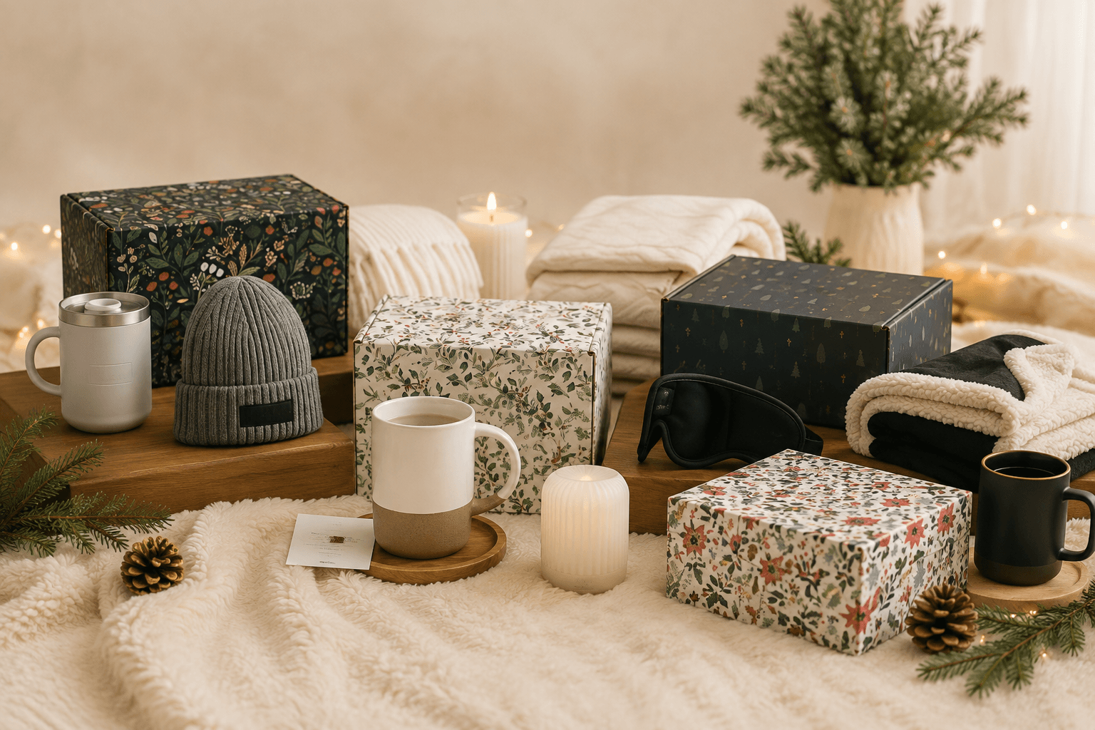 The Gift Box Edit customized holiday gift boxes with beanie, insulated mugs, sleep mask, sherpa blanket, and branded packaging