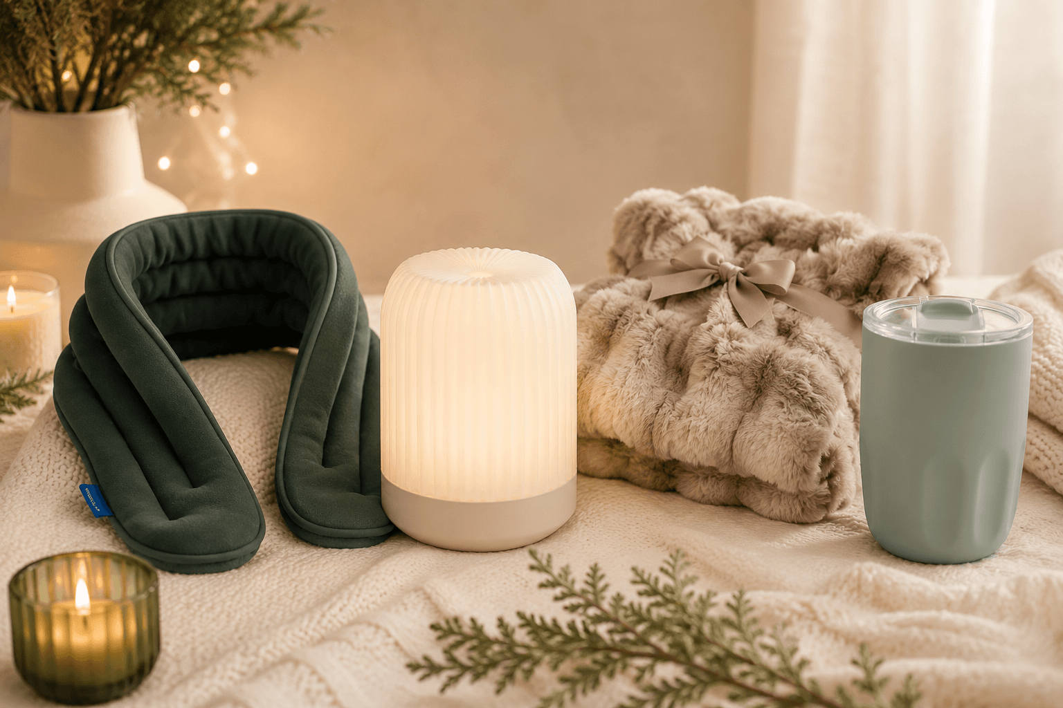 Cozy Evenings employee gifts including a heated neck wrap, ambient light, faux fur blanket, and insulated tumbler