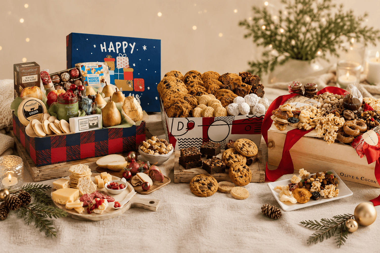 The Generous Table client gifts featuring Olive and Cocoa, David's Cookies, and Kohler Chocolates holiday food crates