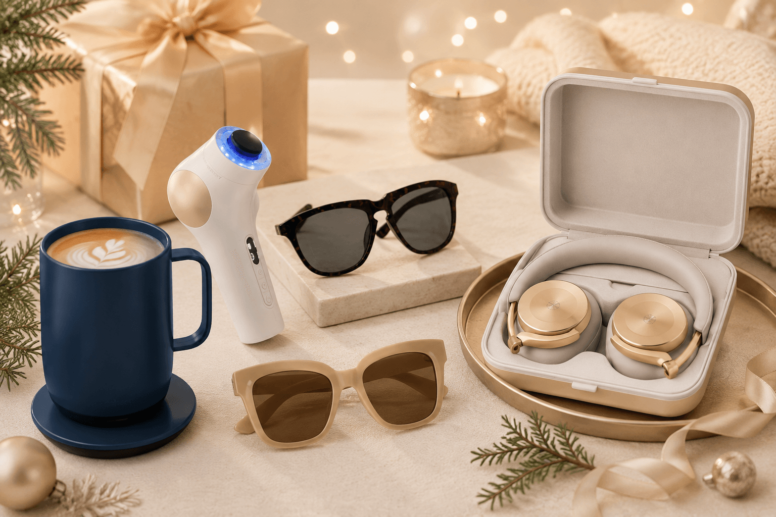 Make It Unforgettable executive gifts including an Ember smart mug, Therabody device, designer sunglasses, and gold Bang and Olufsen headphones