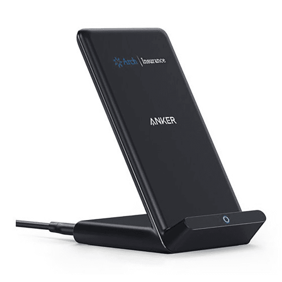 Black Anker PowerWave wireless charging stand with a custom company logo