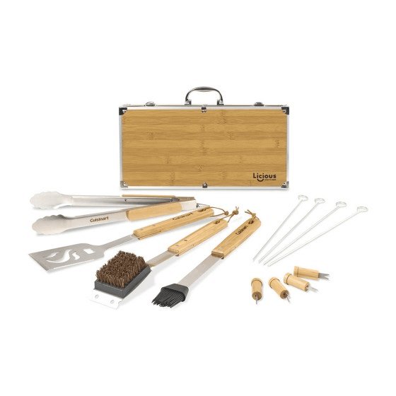 Cuisinart bamboo grill tool set with tongs, spatula, brushes, skewers, and corn holders in a bamboo case