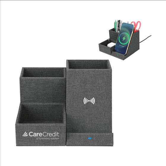 Gray Eden recycled rPET desk organizer with pen cups, storage tray, and a wireless phone charger