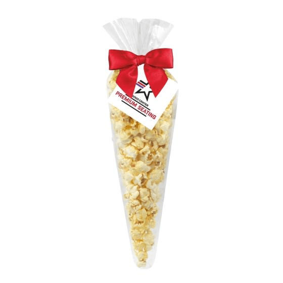 Gourmet popcorn in a clear cone bag tied with a red bow and a custom logo tag