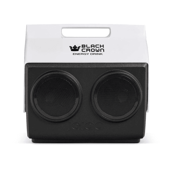 Igloo KoolTunes cooler with two built-in Bluetooth speakers and a custom logo on the white lid