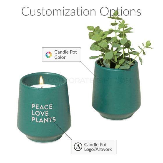 Green Modern Sprout candle pot shown lit, then reused to grow a plant, with custom logo options