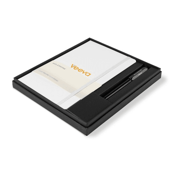 White Moleskine large notebook and black Kaweco pen in a black gift box with a custom logo