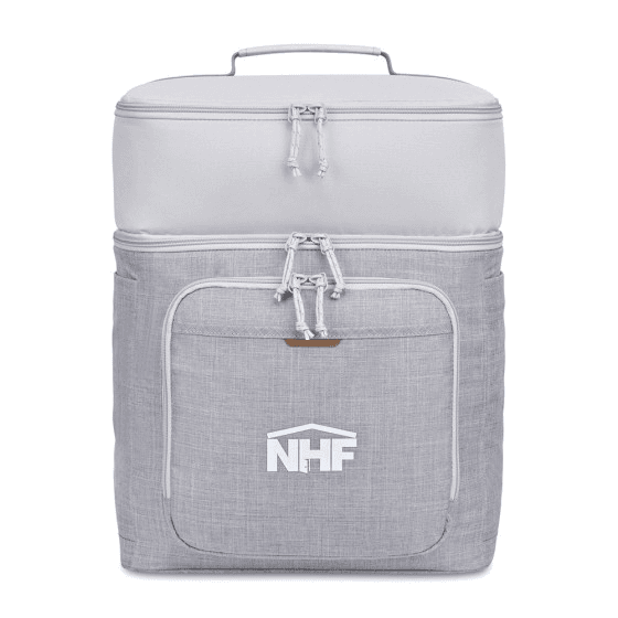 Light gray Parkview recycled backpack cooler bag with two zip compartments and a custom logo