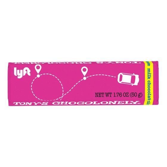 Tony's Chocolonely chocolate bar in a custom pink wrapper with a company logo