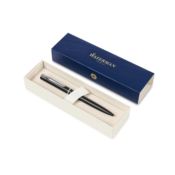 Black Waterman ballpoint pen resting in its blue Waterman Paris gift box
